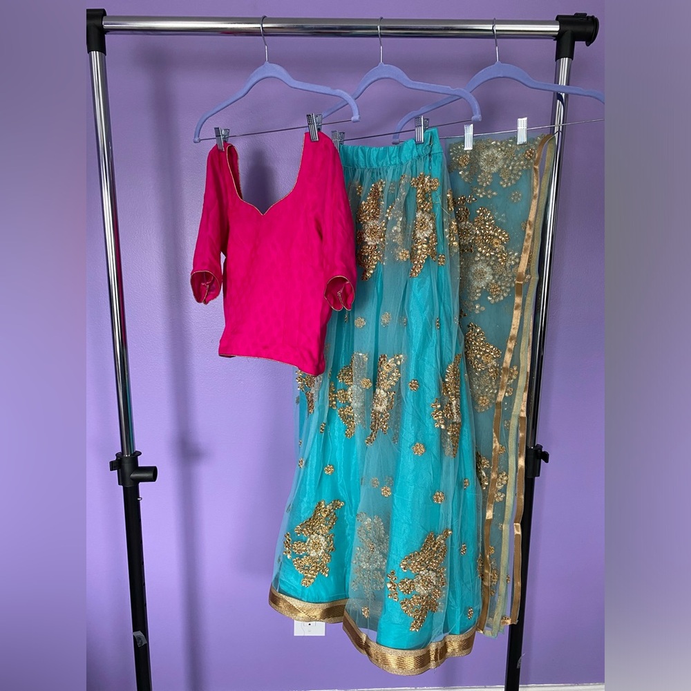 Indian lehenga with top and chunni. Light blue and fushia.